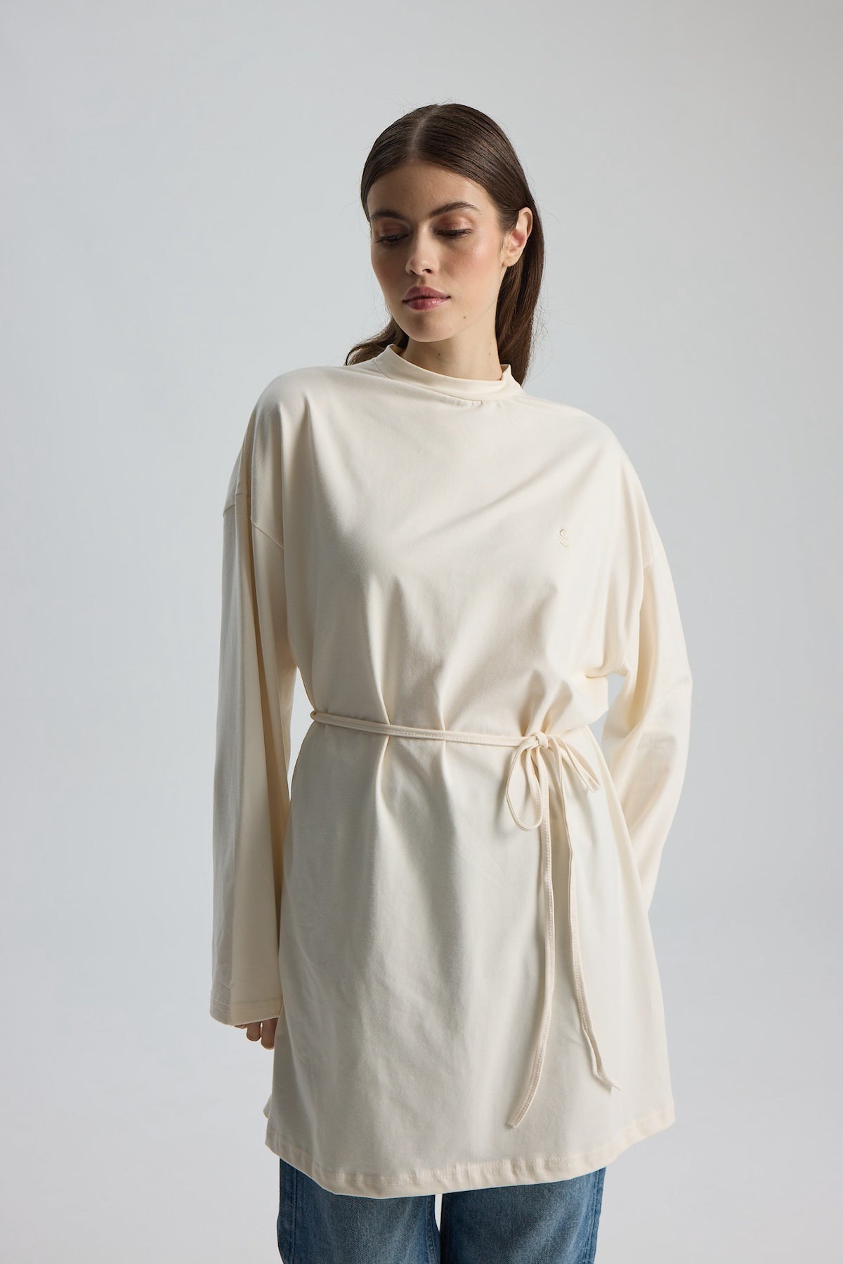 Dik Yaka 85 CM Tunik Krem
