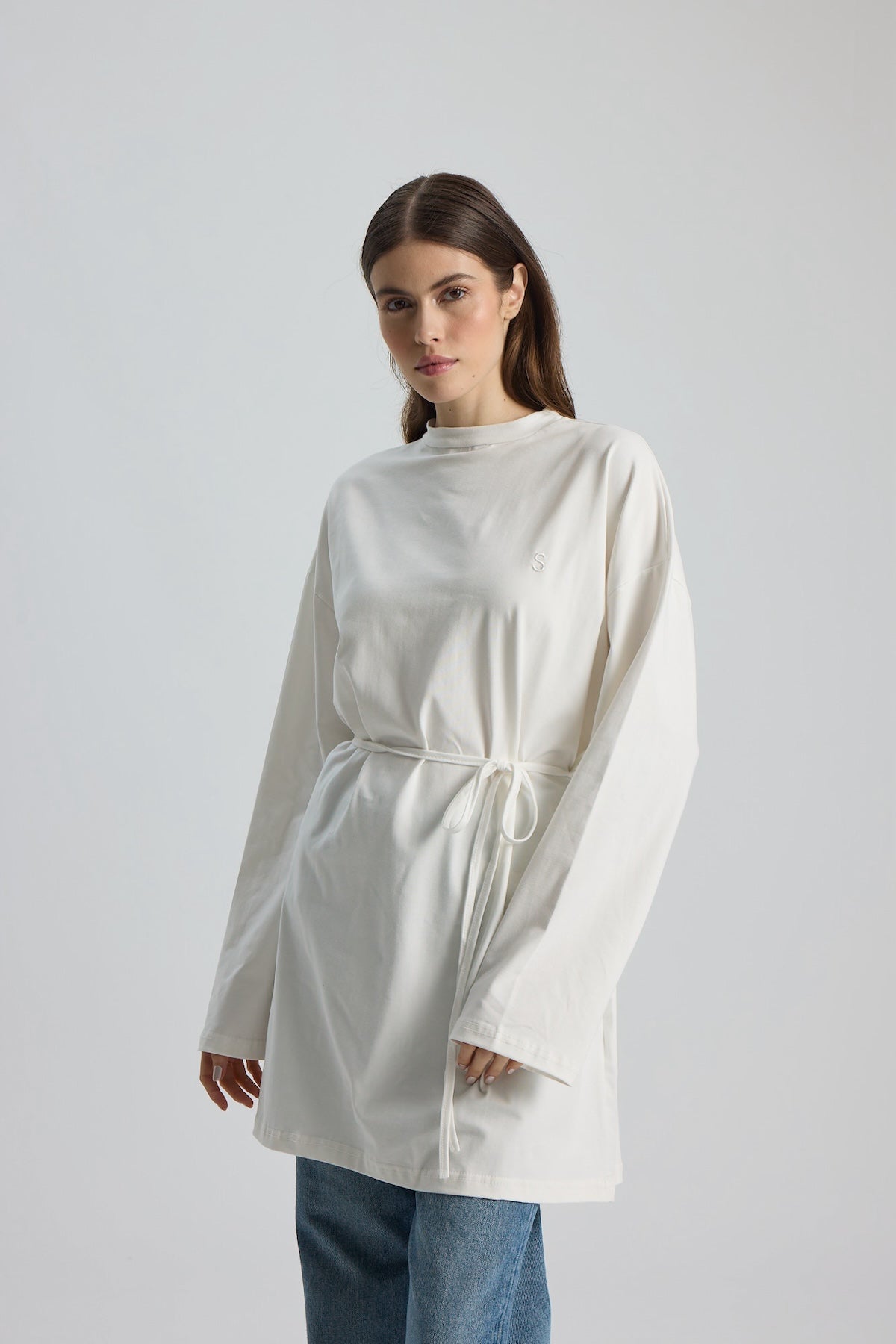 Dik Yaka 85 CM Tunik Beyaz
