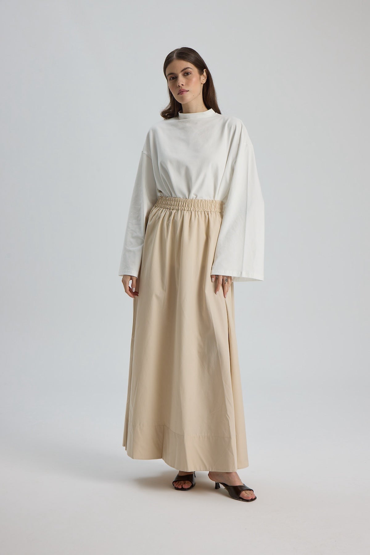 Düz Cepli Poplin Etek-100CM Krem