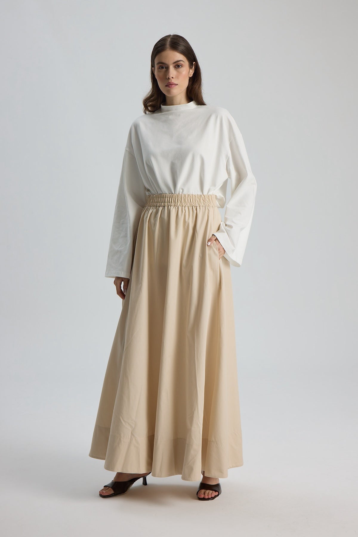 Düz Cepli Poplin Etek-100CM Krem