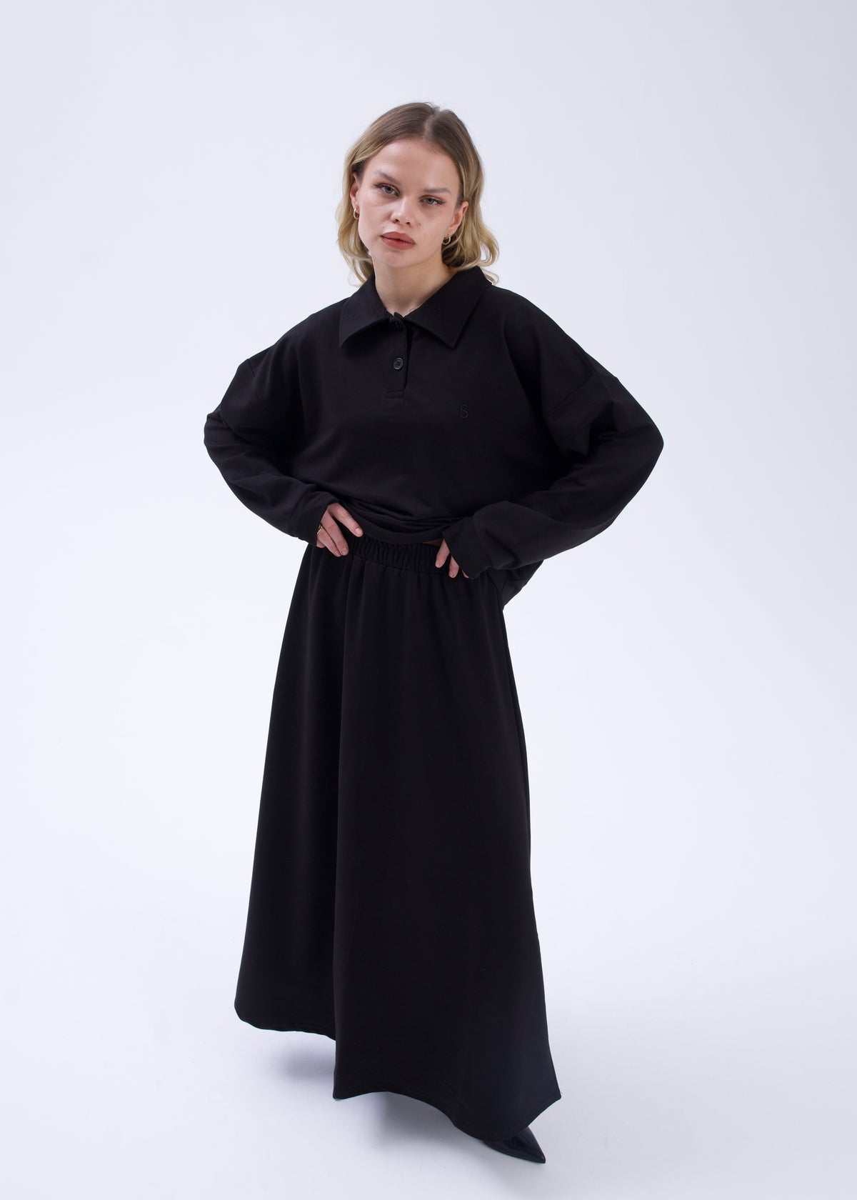 Polo Yaka Sweatshirt Etek Takım Siyah