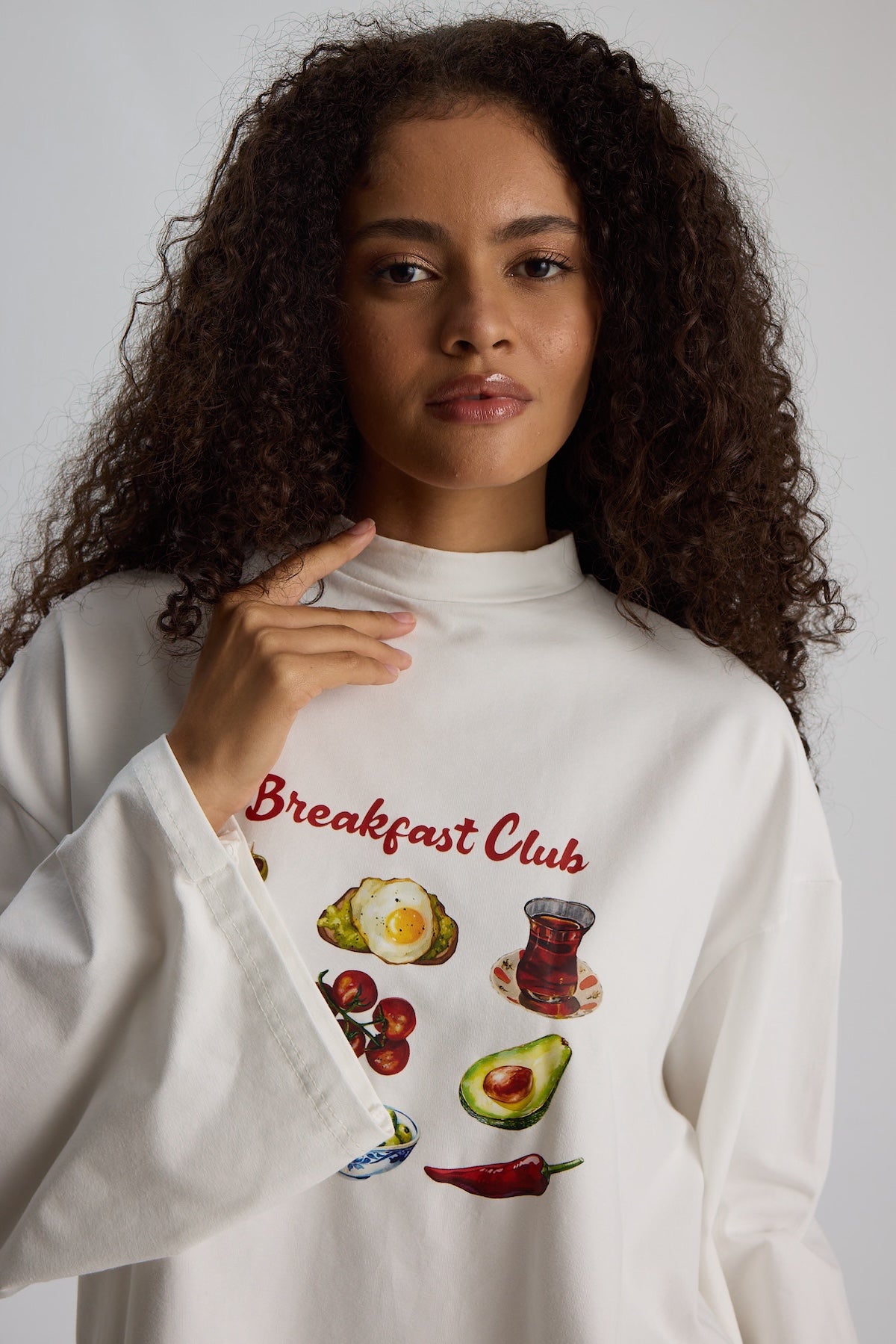 Baskılı Dik Yaka Geniş Kollu Çıtçıt Detaylı Body - Breakfast Beyaz
