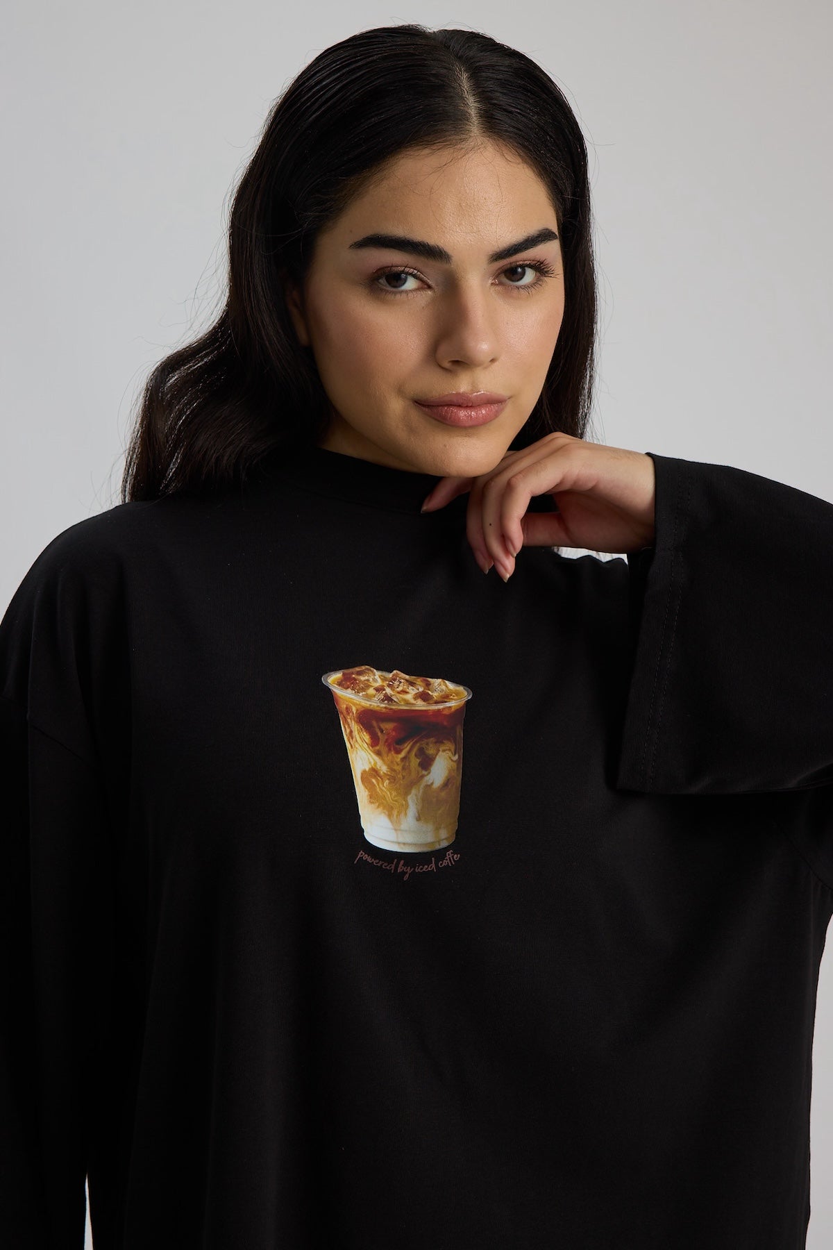 Baskılı Dik Yaka Geniş Kollu Çıtçıt Detaylı Body - Iced Coffee Siyah