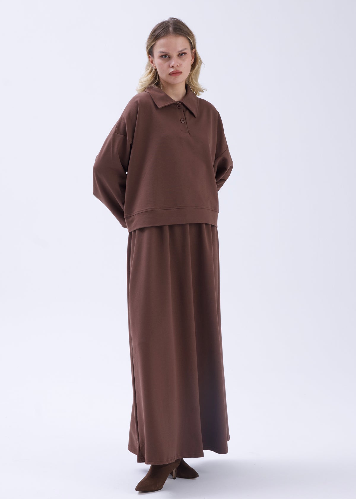 Polo Yaka Sweatshirt Etek Takım Kahverengi