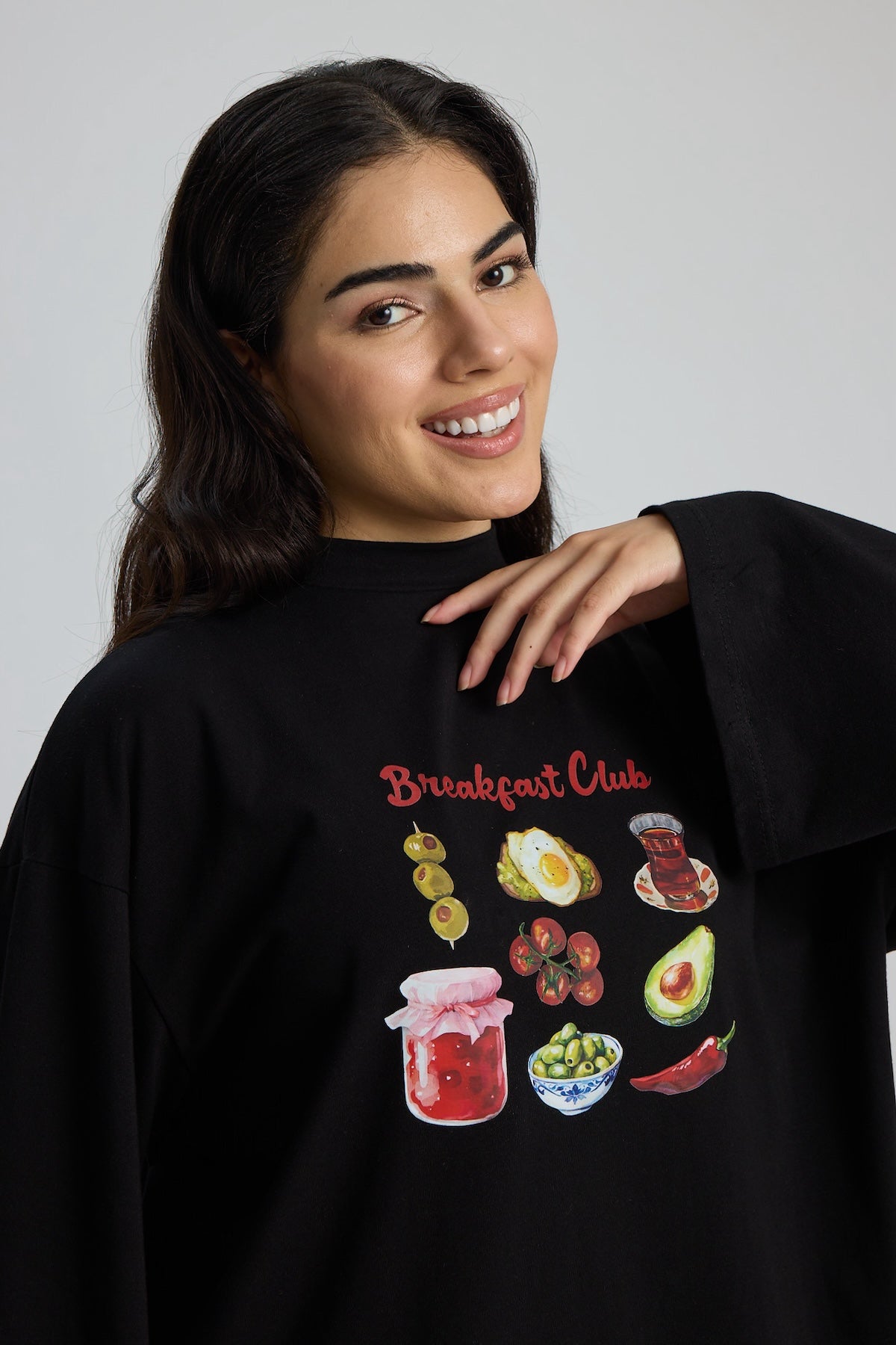 Baskılı Dik Yaka Geniş Kollu Çıtçıt Detaylı Body - Breakfast Siyah