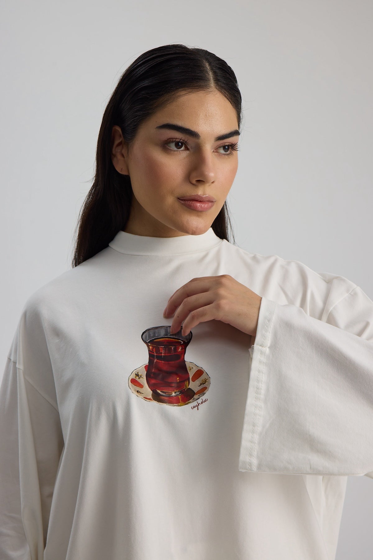 Baskılı Dik Yaka Geniş Kollu Çıtçıt Detaylı Body - Çay Beyaz