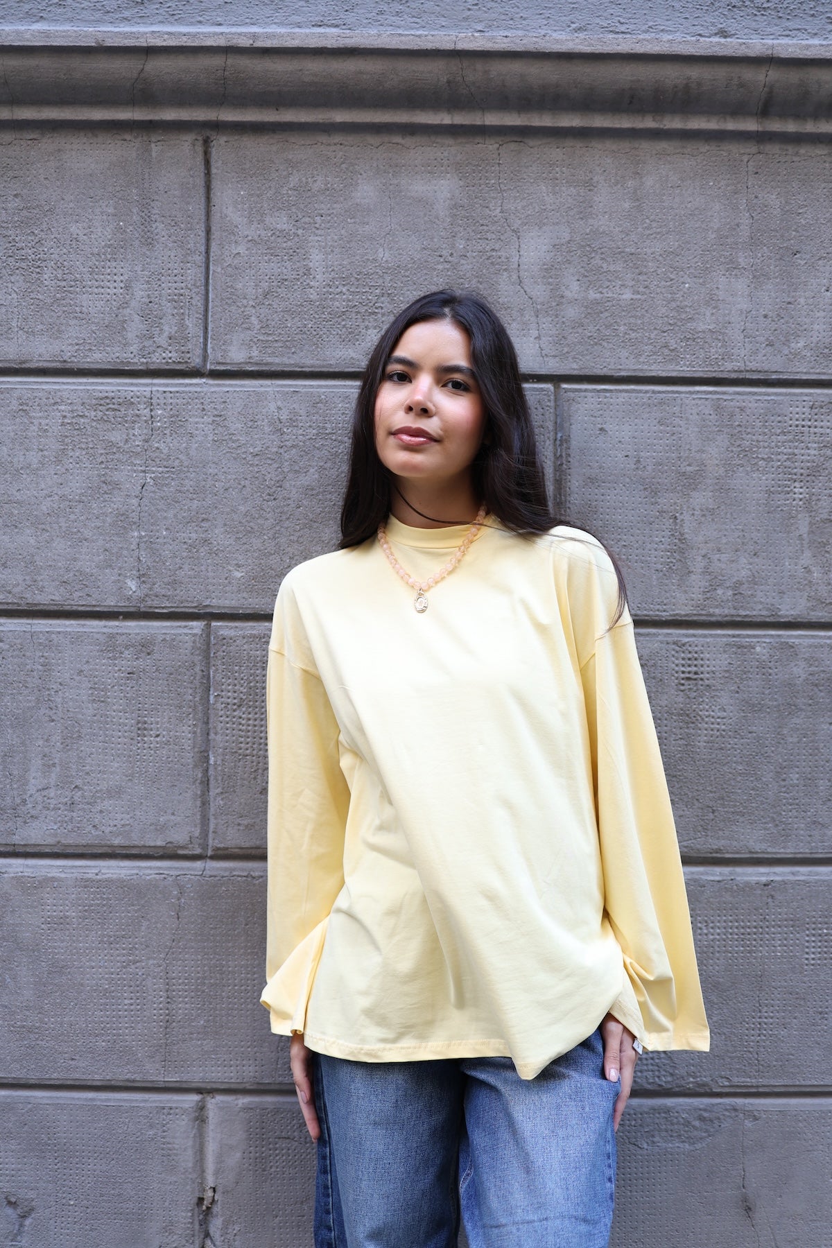 Dik Yaka Geniş Kollu Çıtçıt Detaylı Body Soft Sarı