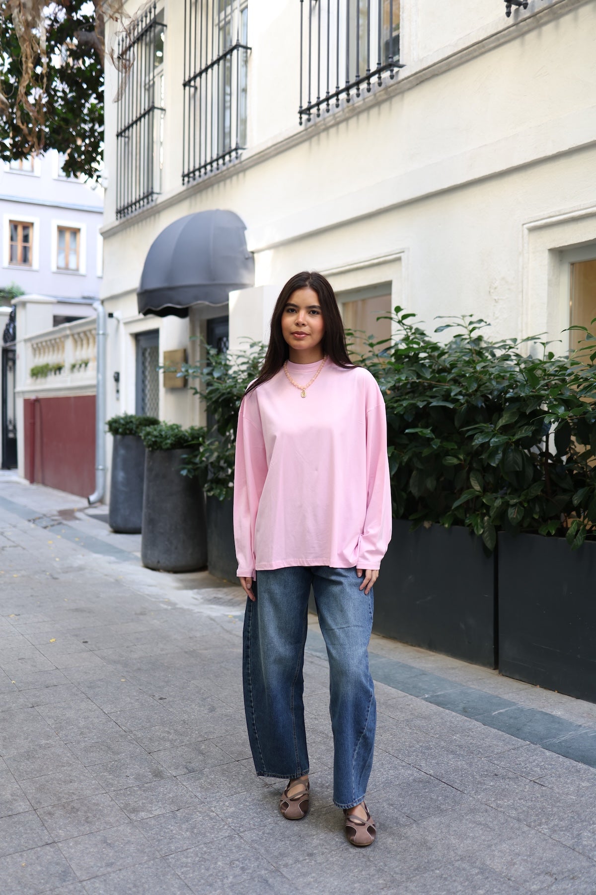 Dik Yaka Geniş Kollu Çıtçıt Detaylı Body Pembe