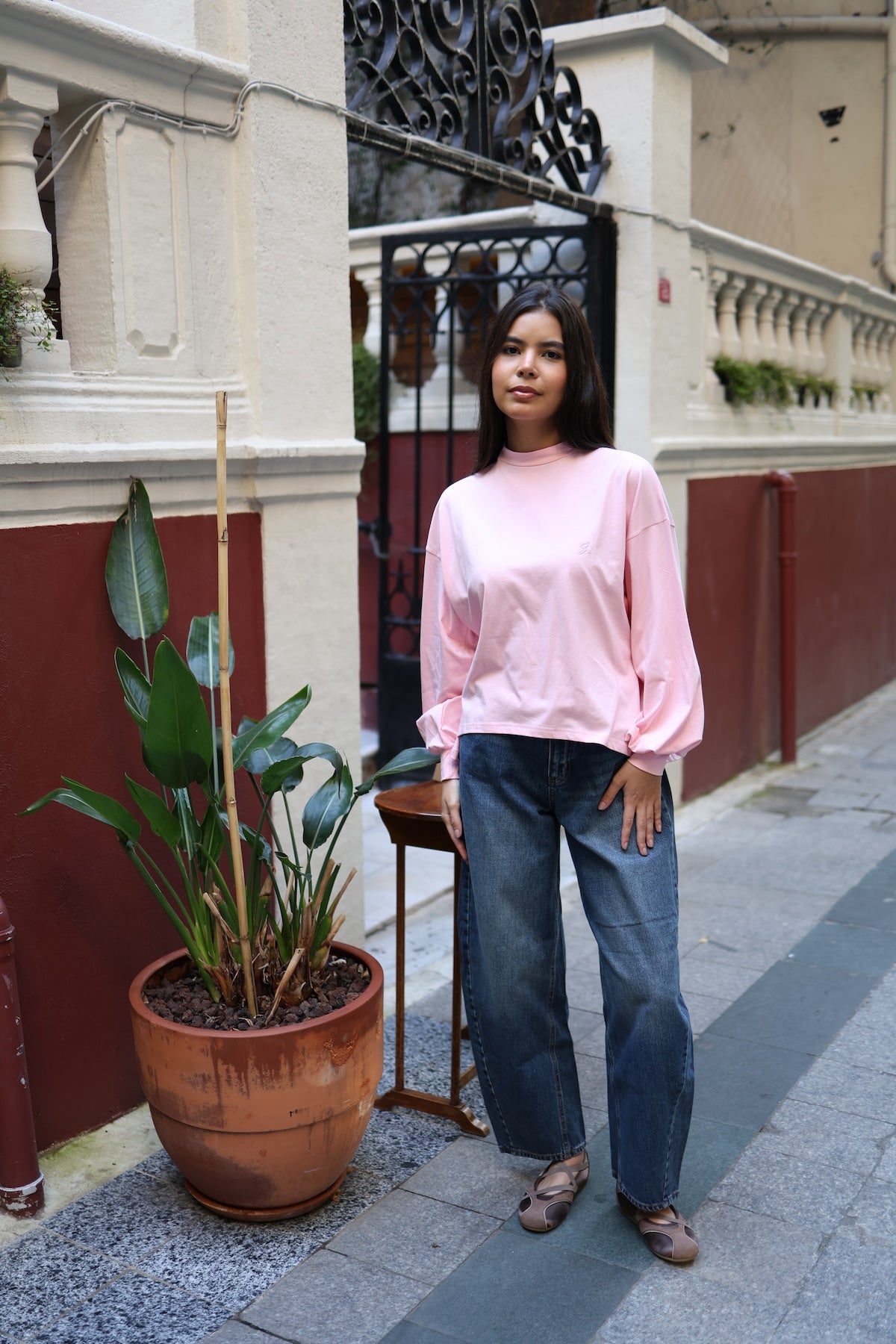 Dik Yaka Balon Kollu Body Pembe