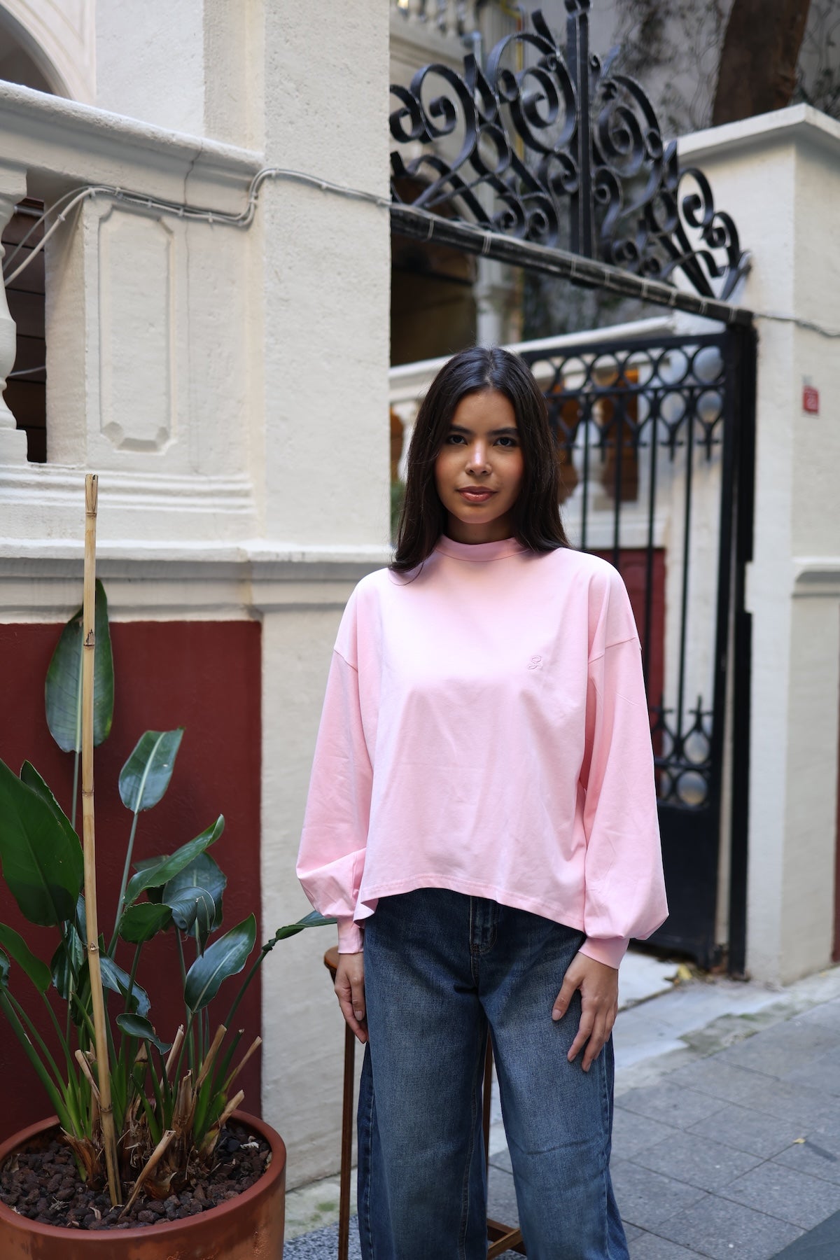 Dik Yaka Balon Kollu Body Pembe