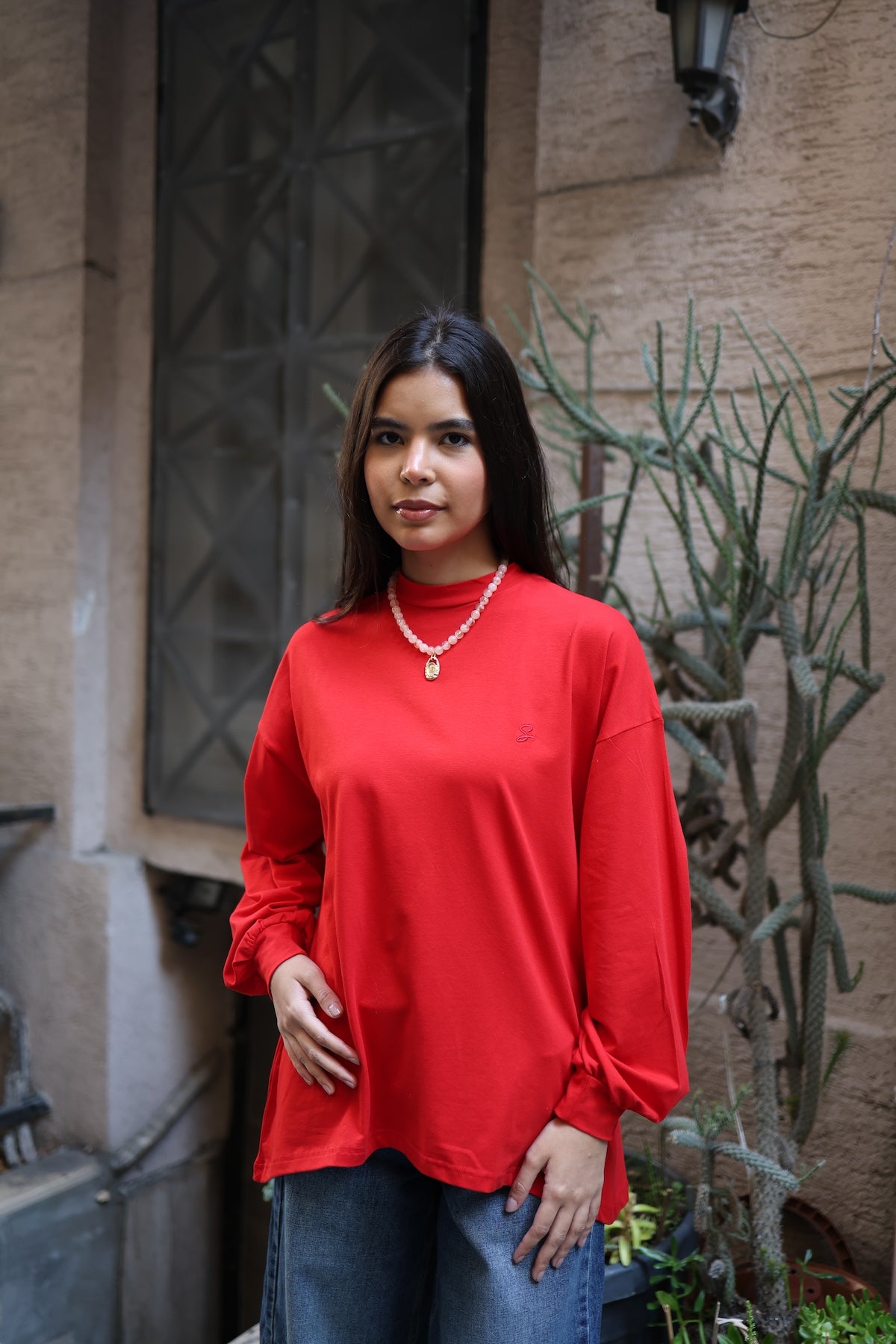 Dik Yaka Balon Kollu Body Kırmızı 75CM