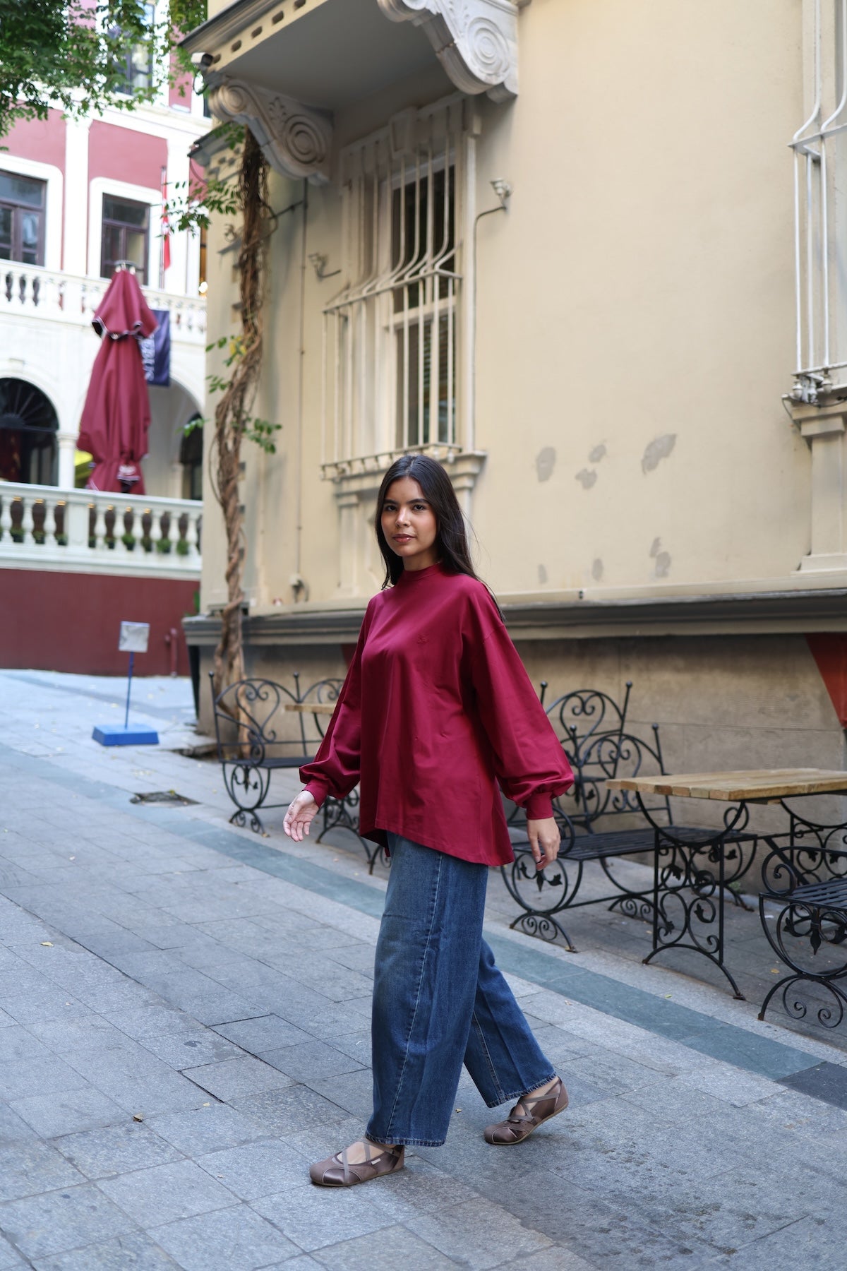 Dik Yaka Balon Kollu Body Bordo 75CM
