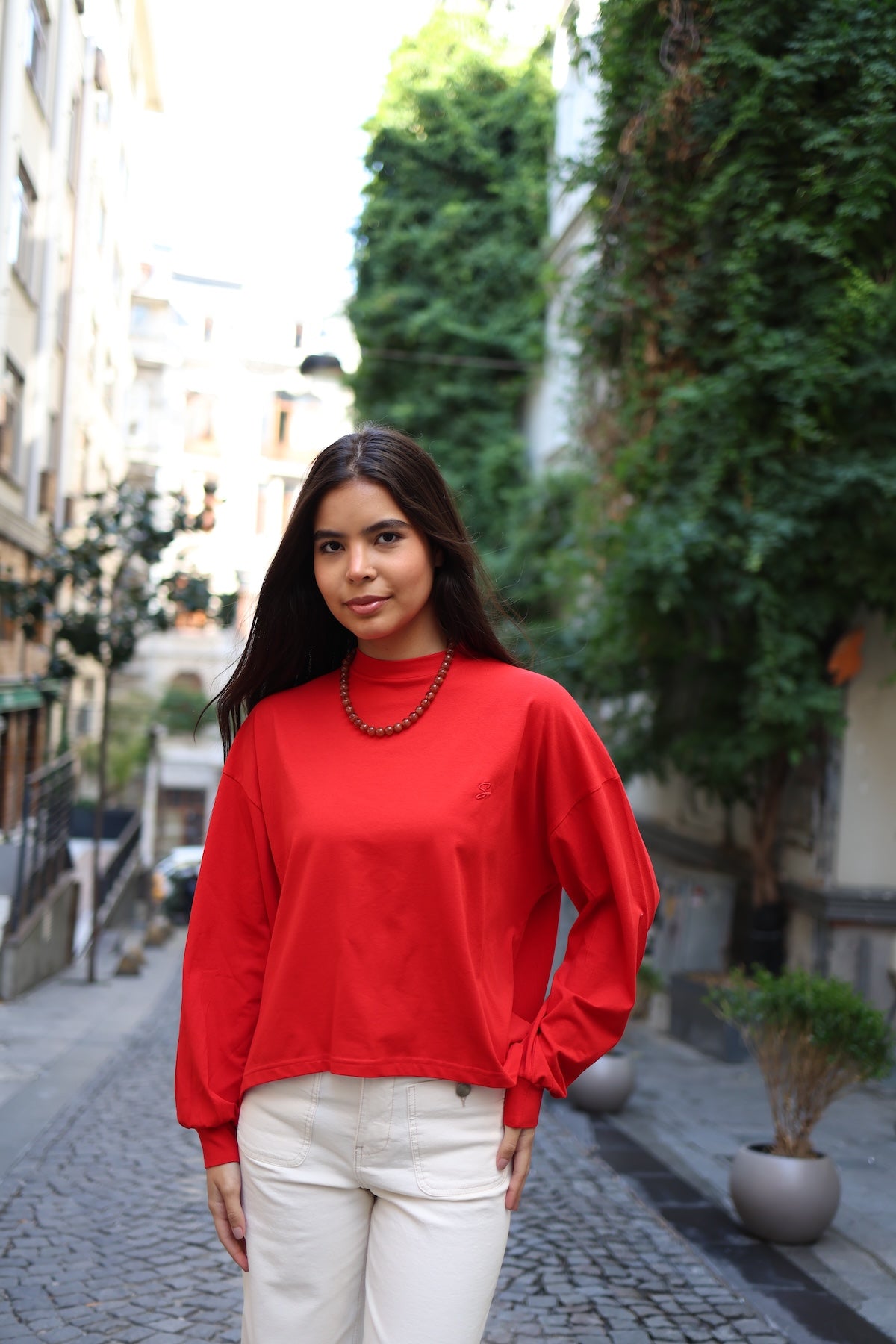 Dik Yaka Balon Kollu Body Kırmızı