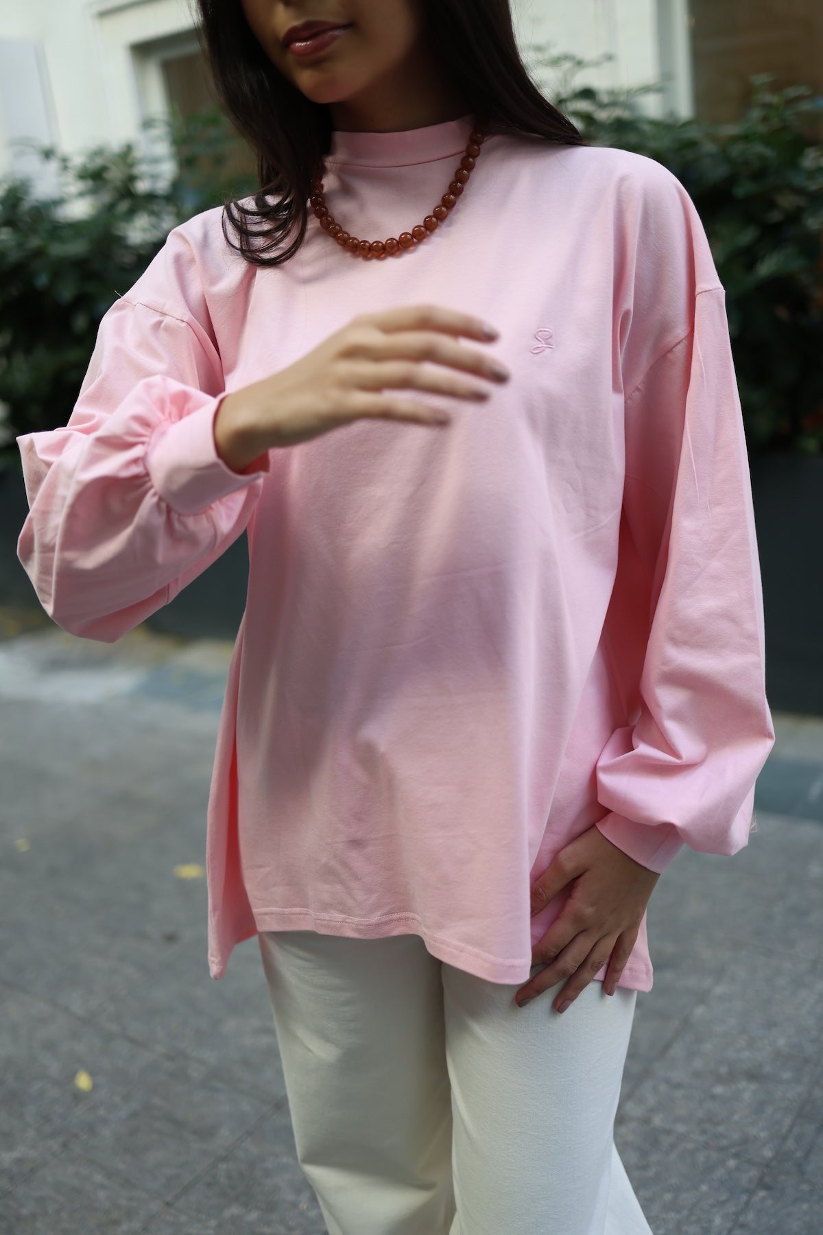 Dik Yaka Balon Kollu Body Pembe 75CM