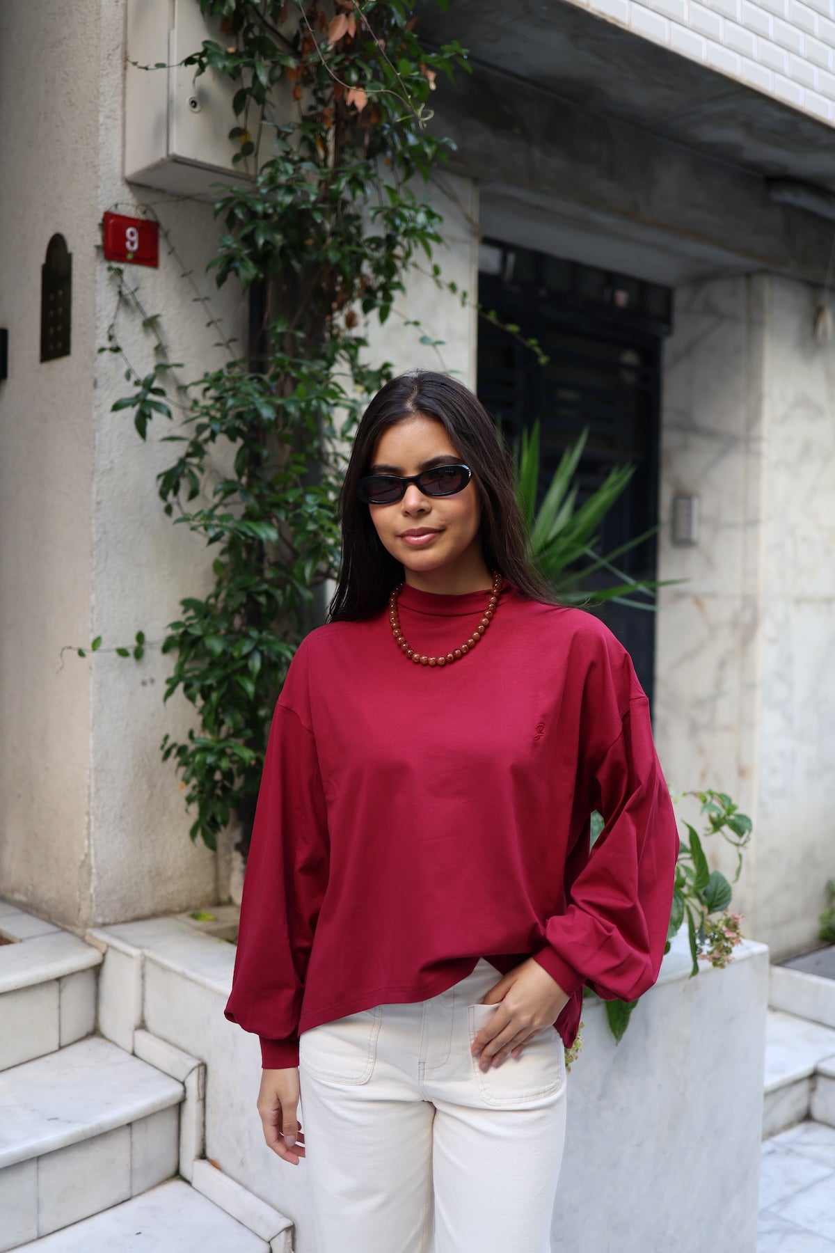 Dik Yaka Balon Kollu Body Bordo