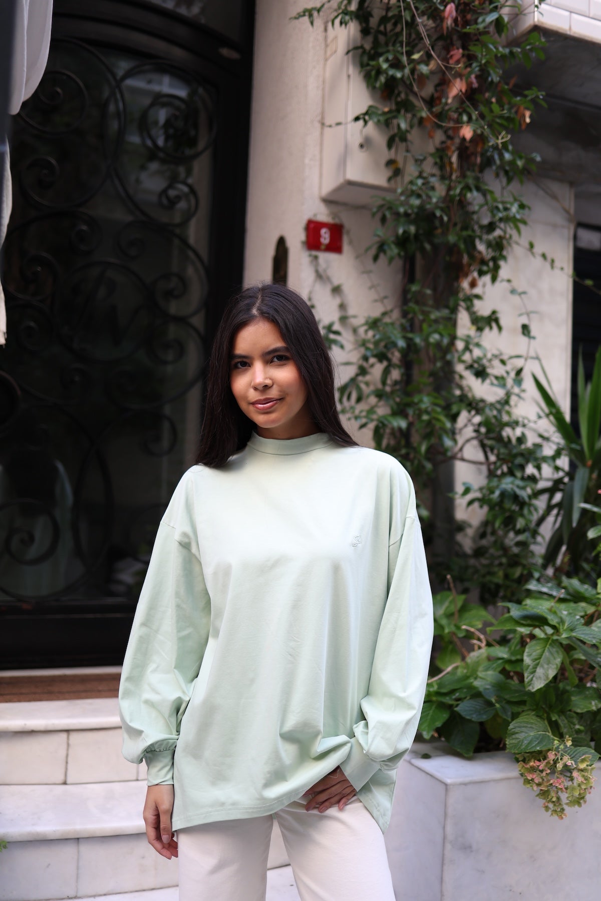 Dik Yaka Balon Kollu Body Mint Yeşil 75CM