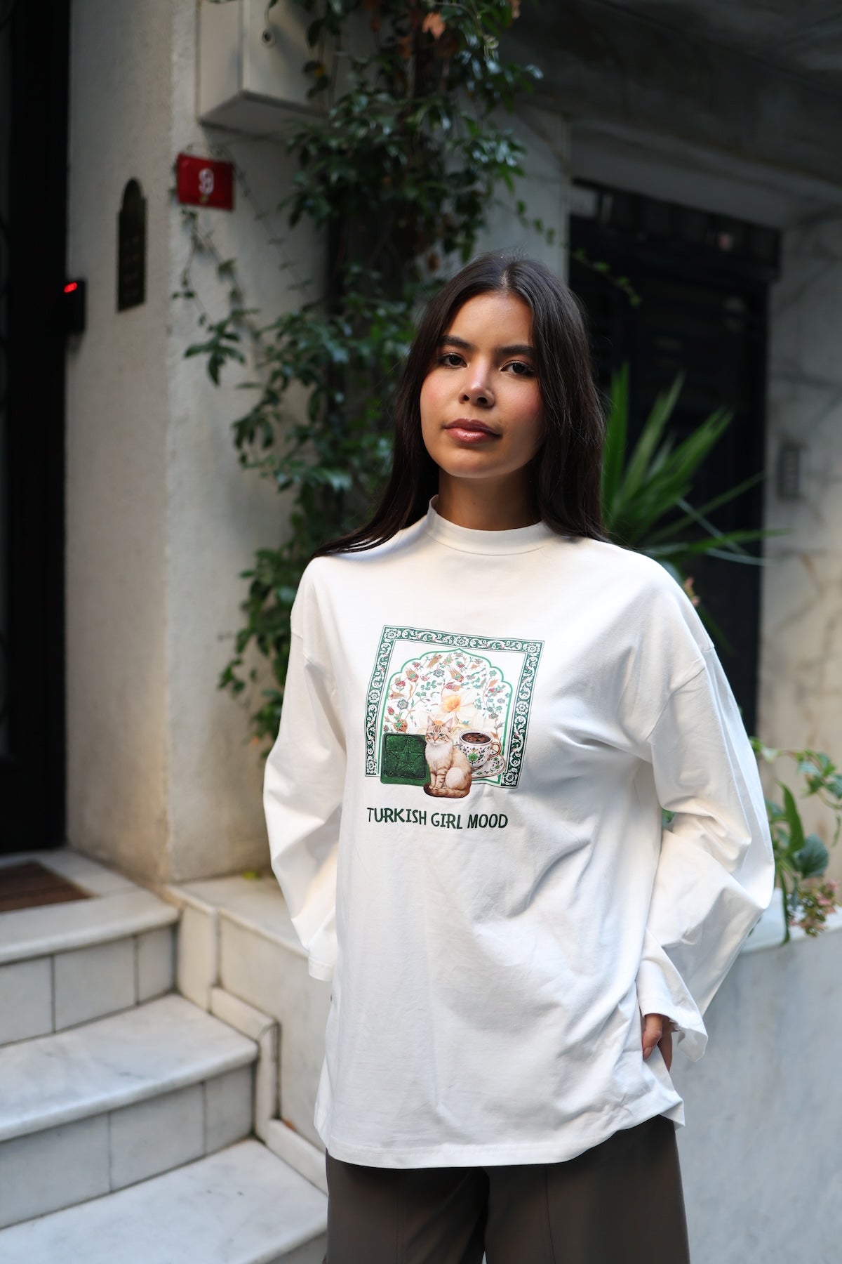 Baskılı Dik Yaka Geniş Kollu Çıtçıt Detaylı Body - Turkish Girl Mood Yeşil