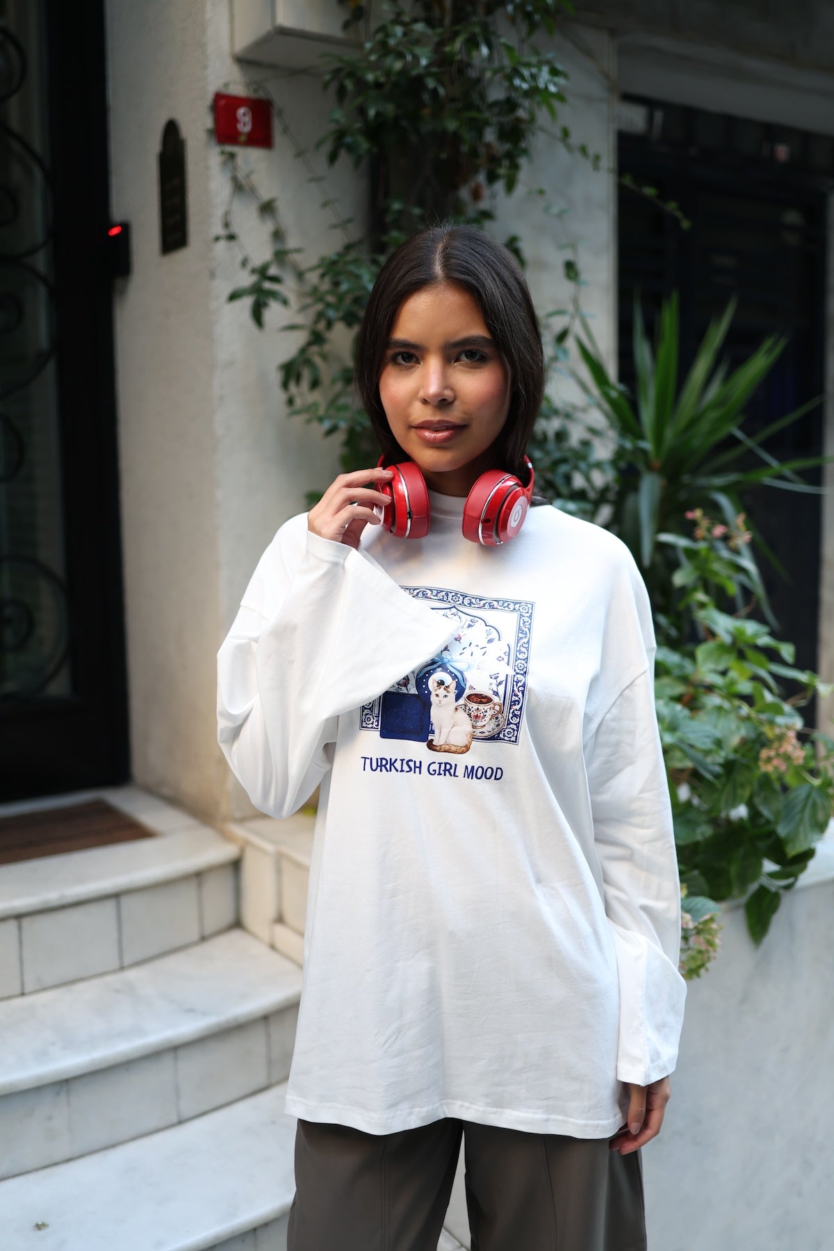 Baskılı Dik Yaka Geniş Kollu Çıtçıt Detaylı Body - Turkish Girl Mood Mavi