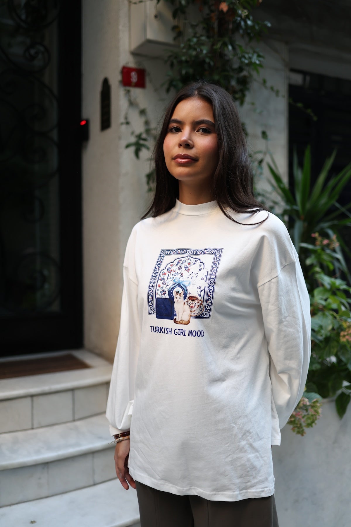 Baskılı Dik Yaka Geniş Kollu Çıtçıt Detaylı Body - Turkish Girl Mood Mavi