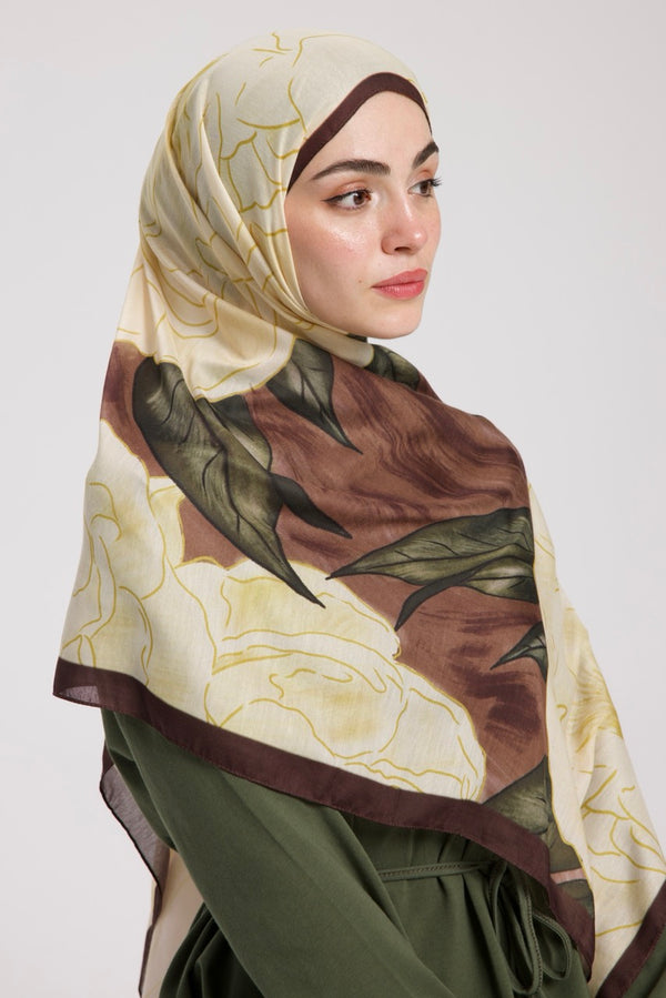 Şakayık Desen Soft Bambu Şal Sarı Kahve
