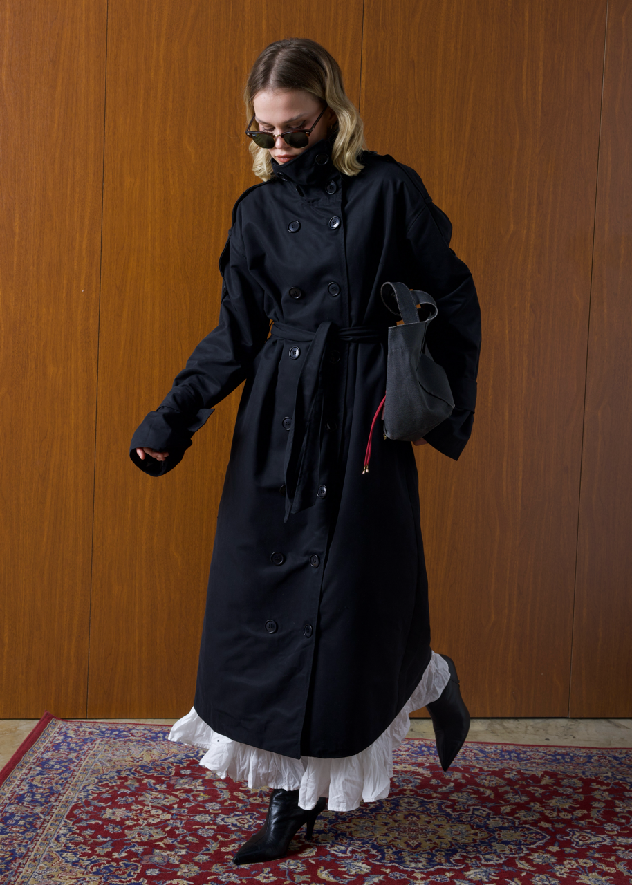 Dik Yaka Oversize Trençkot Siyah