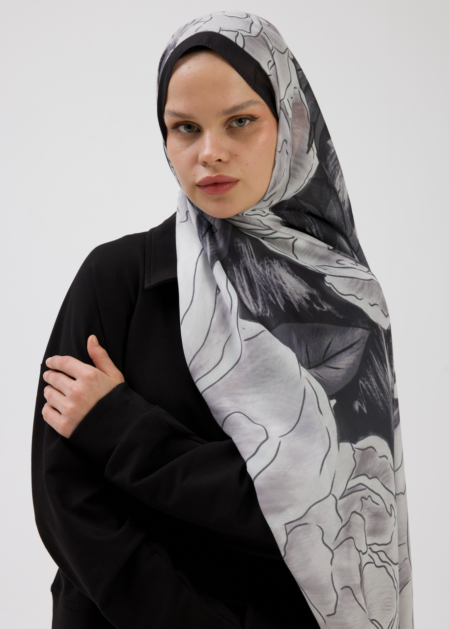 Şakayık Desen Soft Bambu Şal Siyah Beyaz