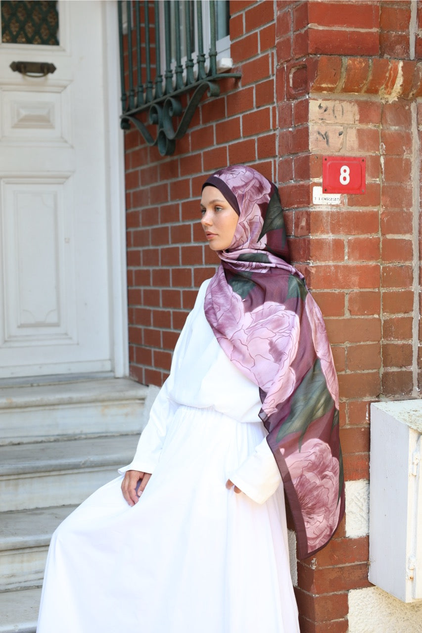Şakayık Desen Soft Bambu Şal Bordo Pembe