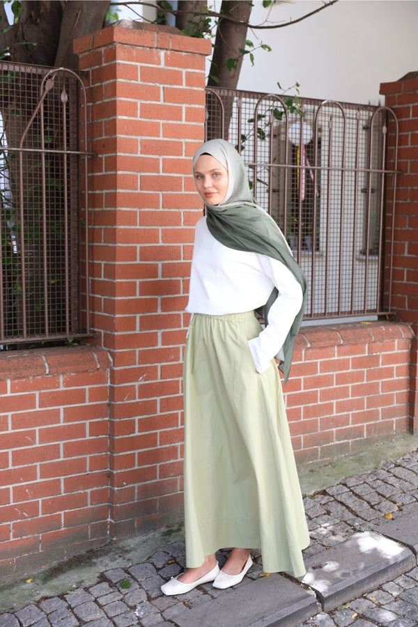 Düz Cepli Poplin Etek- 103CM Soft Yeşil