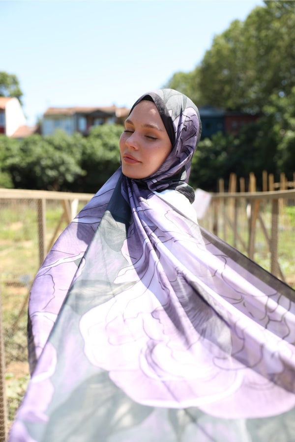 Şakayık Desen Soft Bambu Şal Mor Yeşil