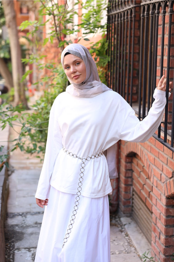 Dik Yaka Uzun Kollu Body Beyaz