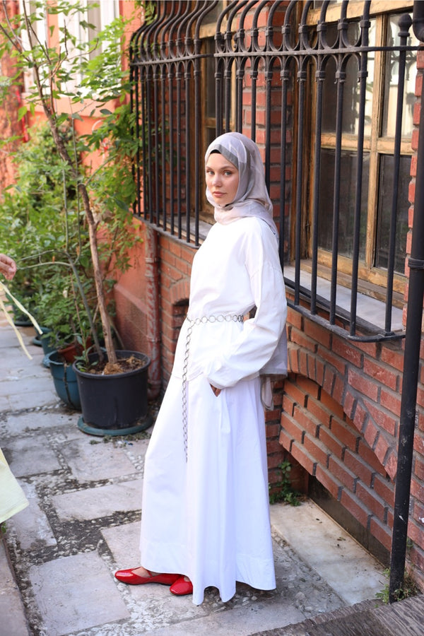 Düz Cepli Poplin Etek-Astarlı 103CM Beyaz