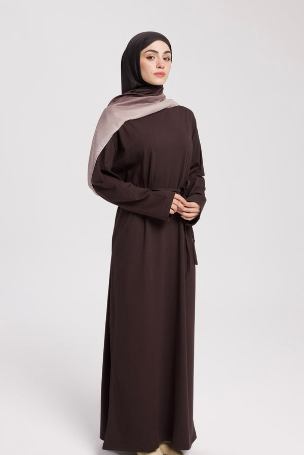 Dik Yaka 140 CM Elbise Kahverengi