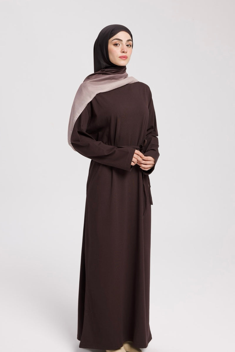 Dik Yaka 140 CM Elbise Kahverengi
