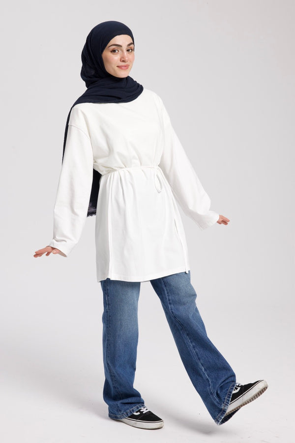 Dik Yaka 85 CM Tunik Beyaz