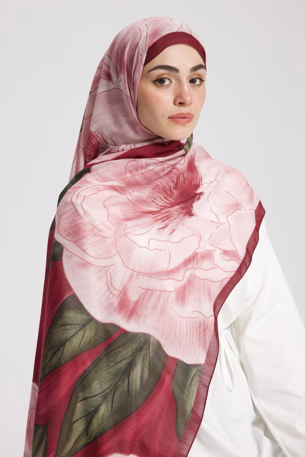 Şakayık Desen Soft Bambu Şal Bordo Pembe
