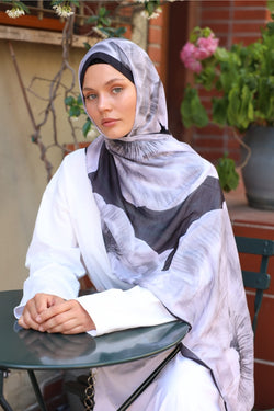 Şakayık Desen Soft Bambu Şal Siyah Beyaz