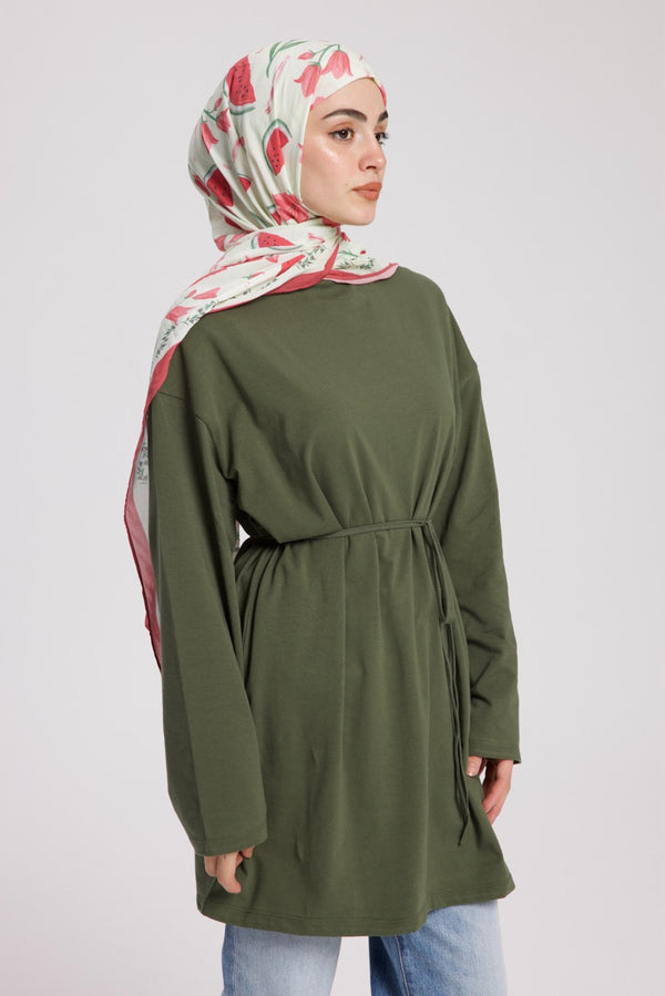 Dik Yaka 85 CM Tunik Koyu Yeşil