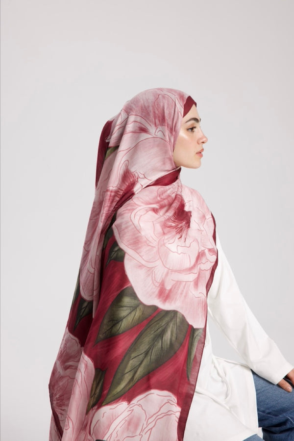 Şakayık Desen Soft Bambu Şal Bordo Pembe