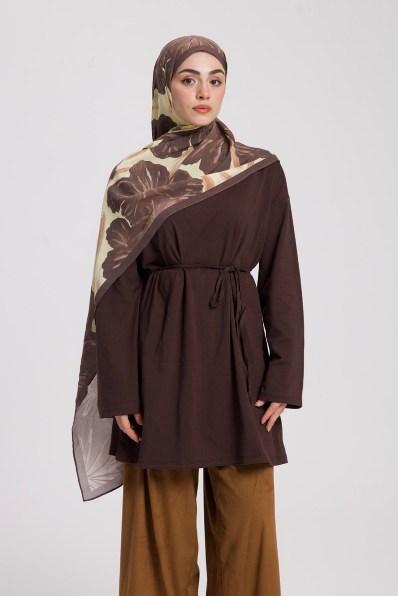 Dik Yaka 85 CM Tunik Kahverengi