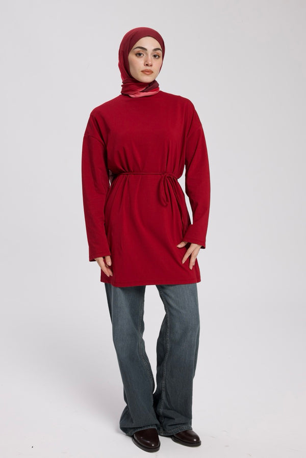 Dik Yaka 85 CM Tunik Bordo