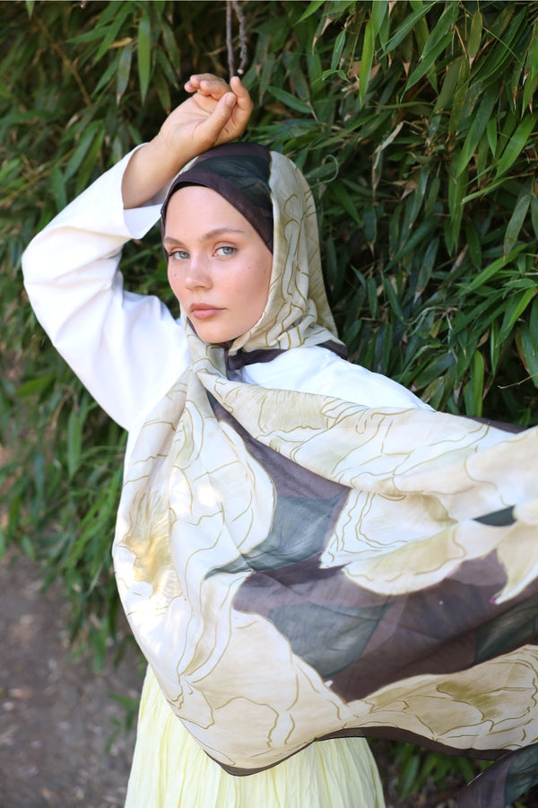Şakayık Desen Soft Bambu Şal Sarı Kahve
