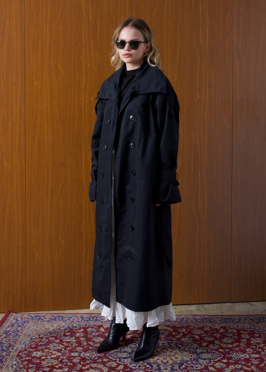Dik Yaka Oversize Trençkot Siyah