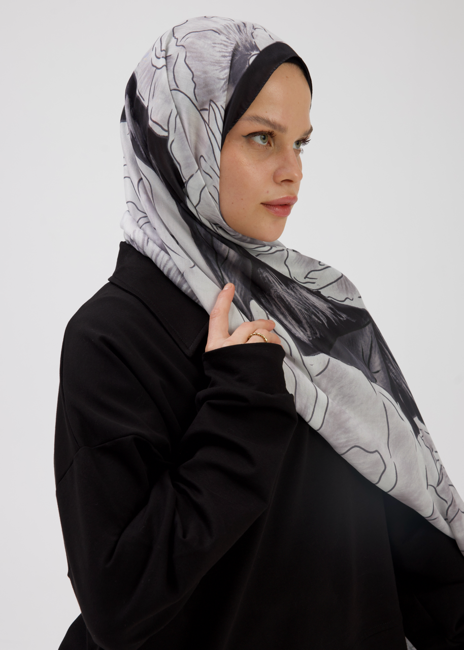 Şakayık Desen Soft Bambu Şal Siyah Beyaz