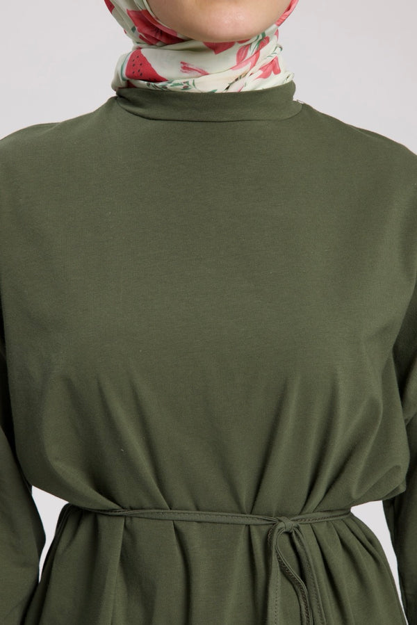 Dik Yaka 85 CM Tunik Koyu Yeşil
