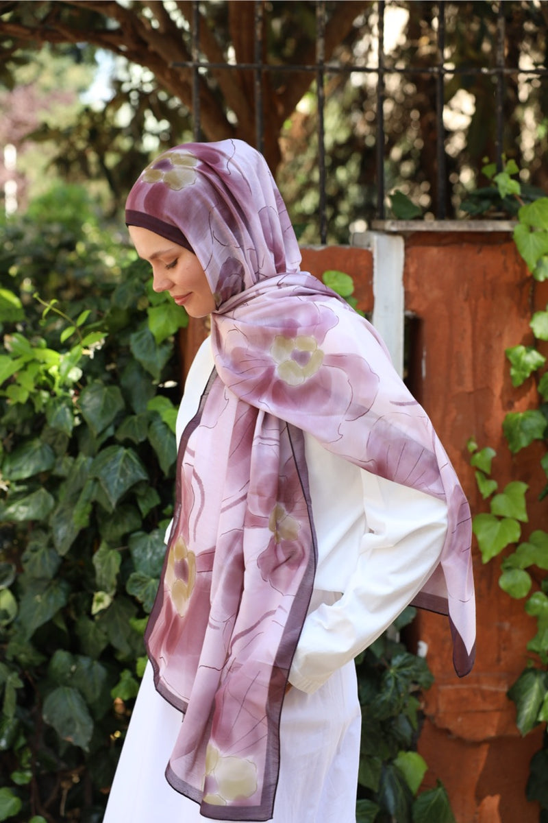 Orkide Desen Soft Bambu Şal Mürdüm