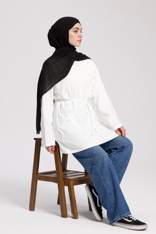 Dik Yaka 85 CM Tunik Beyaz