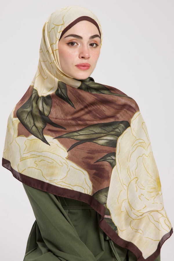 Şakayık Desen Soft Bambu Şal Sarı Kahve