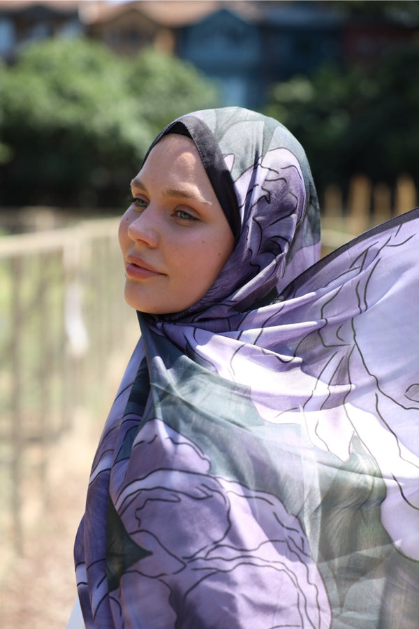 Şakayık Desen Soft Bambu Şal Mor Yeşil
