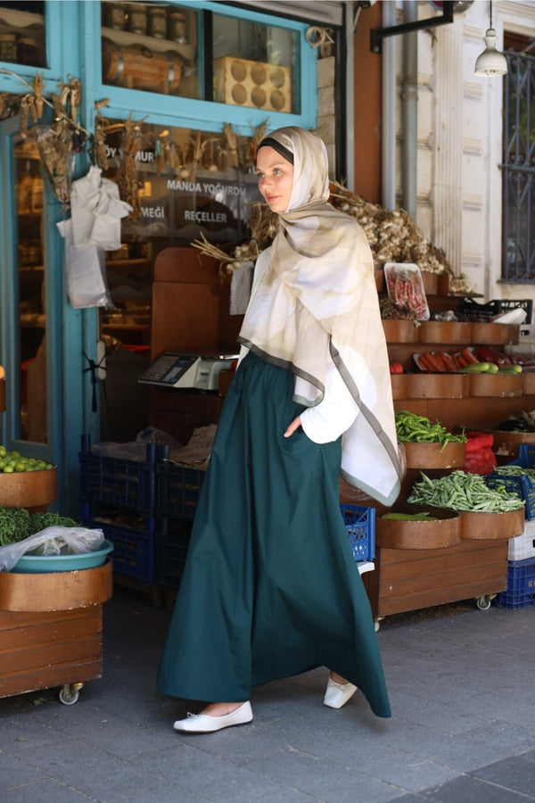 Düz Cepli Poplin Etek-103CM Zümrüt
