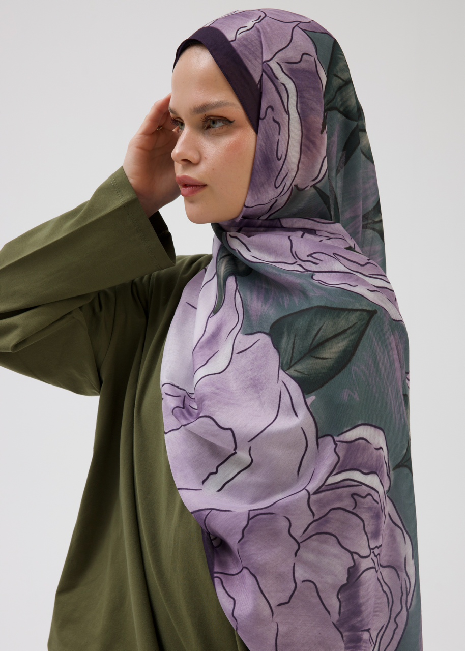Şakayık Desen Soft Bambu Şal Mor Yeşil
